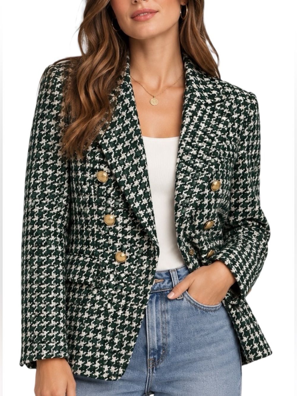 NWT House of Harlow 1960 Green Houndstooth Tweed Blazer Large